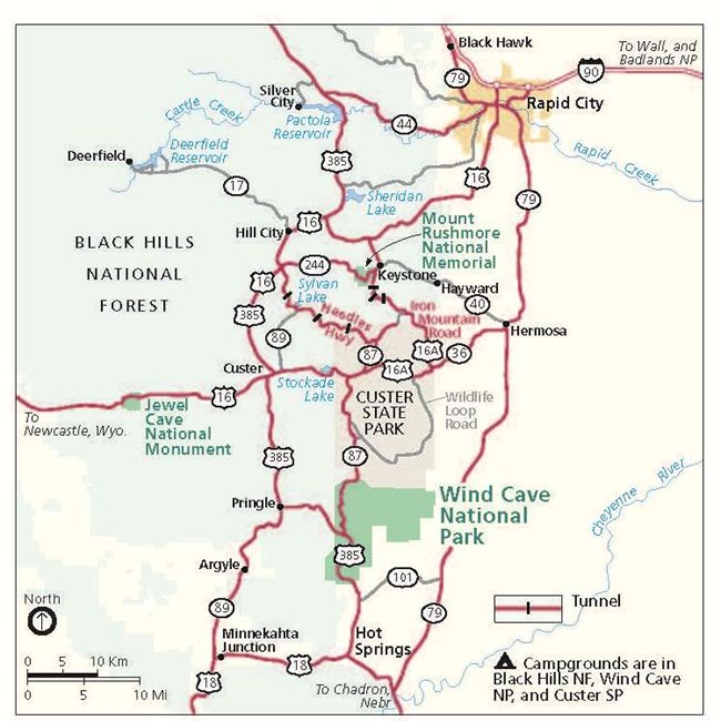 A zoomed out map of the area around Wind Cave. Highlights shown are Custer State Park, Mount Rushmore and Jewel Cave.