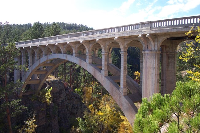 a large concrete arch bridge stretching between two rocky cliffsides in the forest