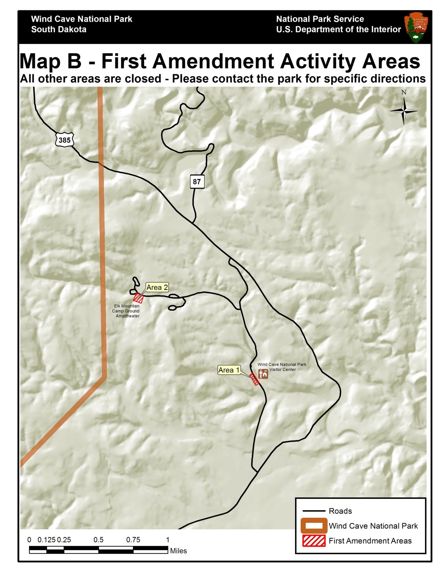 Map of the First Amendment areas at the visitor center (Area 1) and Elk Mountain Campground amphitheater (Area 2) marked in red hatched lines. Area 1 is near the center of the map.  Area 2 is in the upper left part of the map.