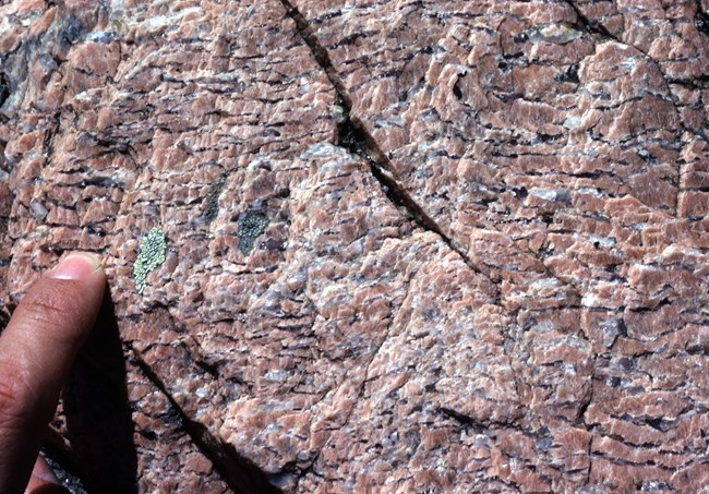 Pink granitic rock with linear black minerals.