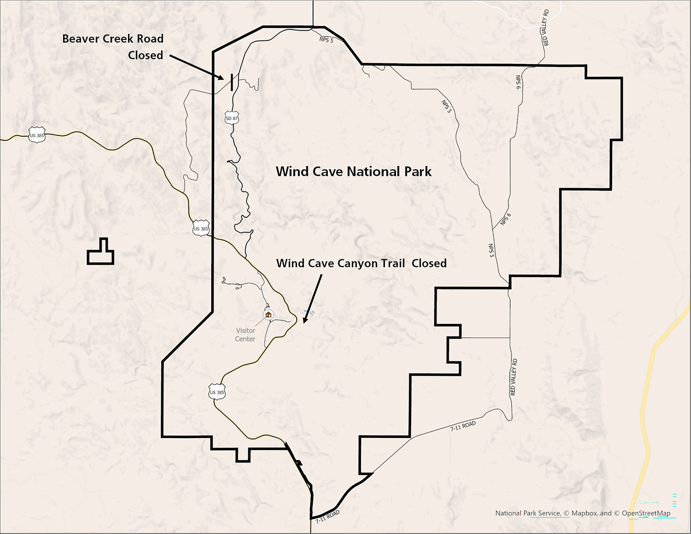 Map view of Wind Cave National Park showing locations of road and trail closures marked with arrows.