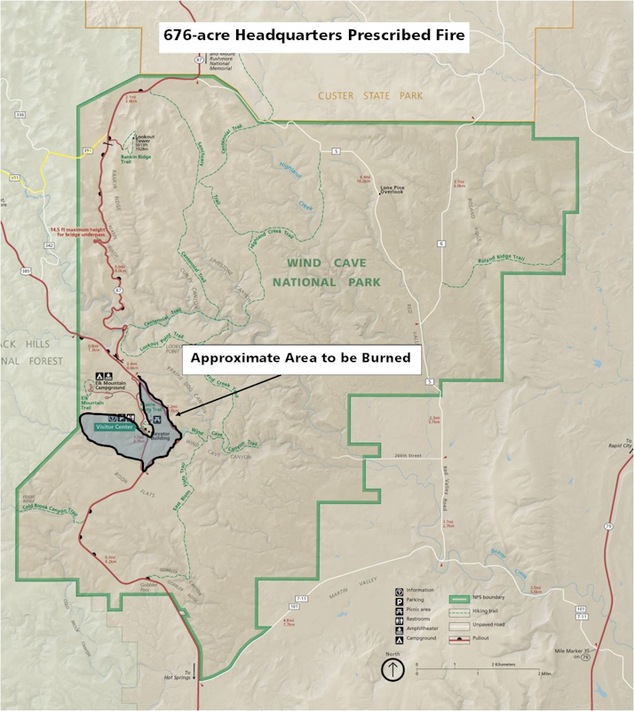 Burn Map c_edited low res Map of Wind Cave National Park with area in blue to be burned.