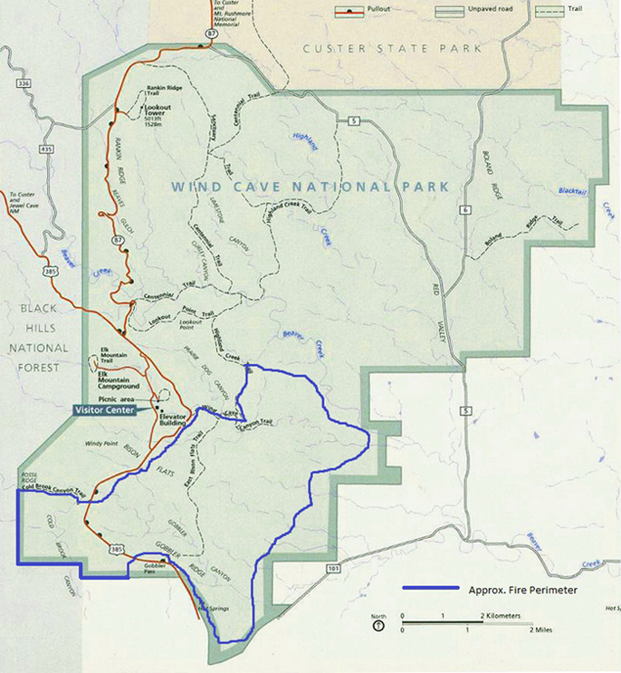 Park map showing boundary of the Cold Brook Fire.