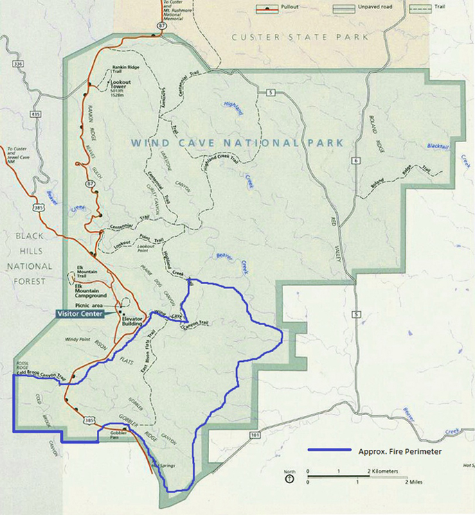 Park map showing area burned by Cold Brook Fire.