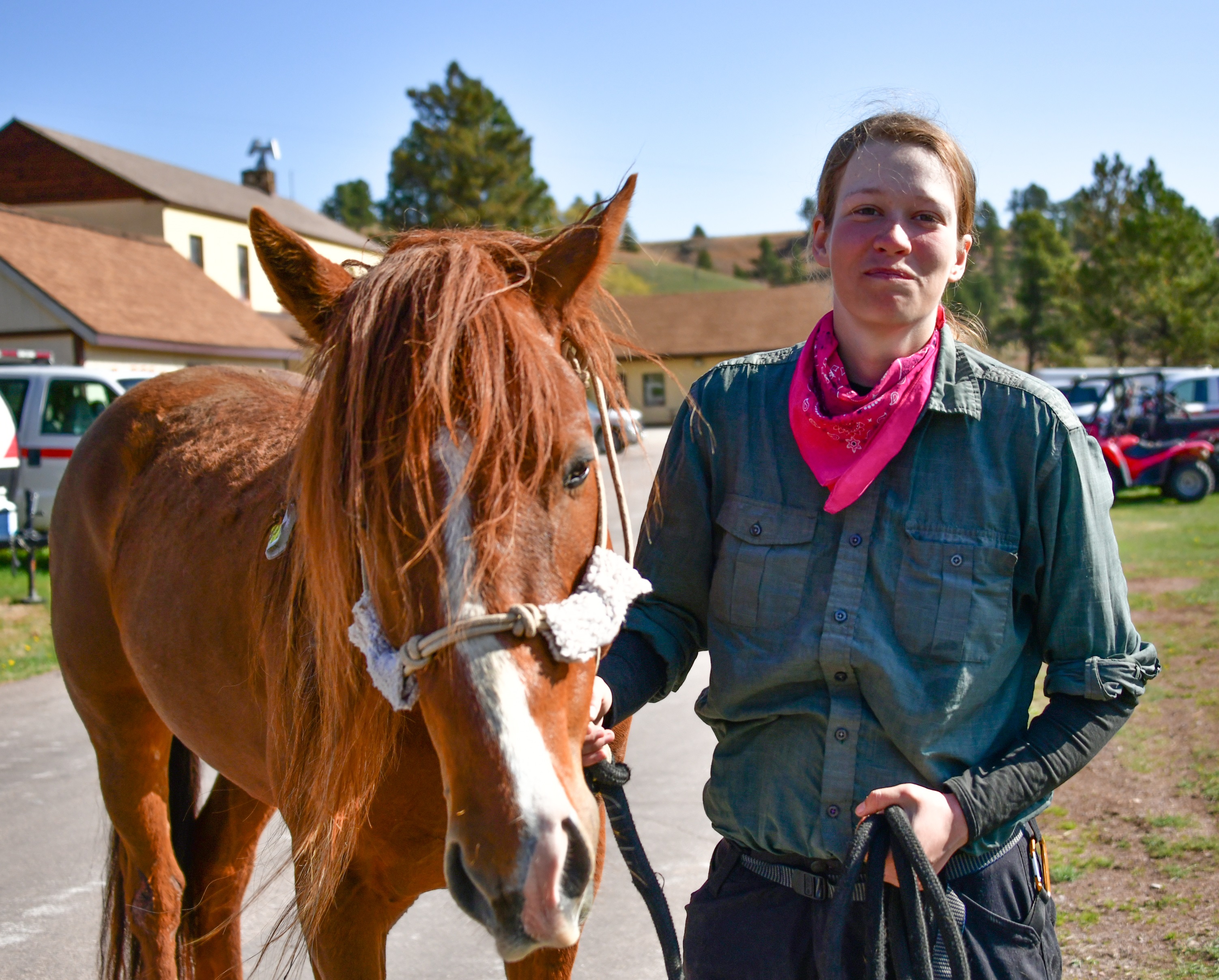 To the left is a brown horse looking at the camera. The horse is being held on the right by a woman in a green shirt wearing a red bandana around her neck. In the background are buildings and vehicles.