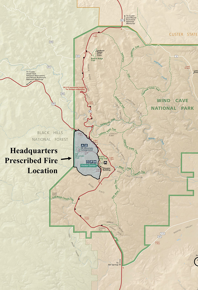 A map of Wind Cave National Park showing the location of the proposed prescribed fire along the park’s western boundary near the Elk Mountain Campground. The map is brown in color with the fire location marked in blue.