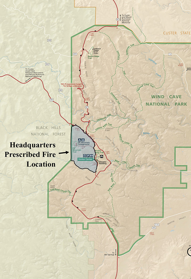 A map of Wind Cave National Park showing the location of the proposed prescribed fire along the park’s western boundary near the Elk Mountain Campground. The map is brown in color with the fire location marked in blue. A map of Wind Cave National Park showing the location of the proposed prescribed fire along the park’s western boundary near the Elk Mountain Campground. The map is brown in color with the fire location marked in blue.