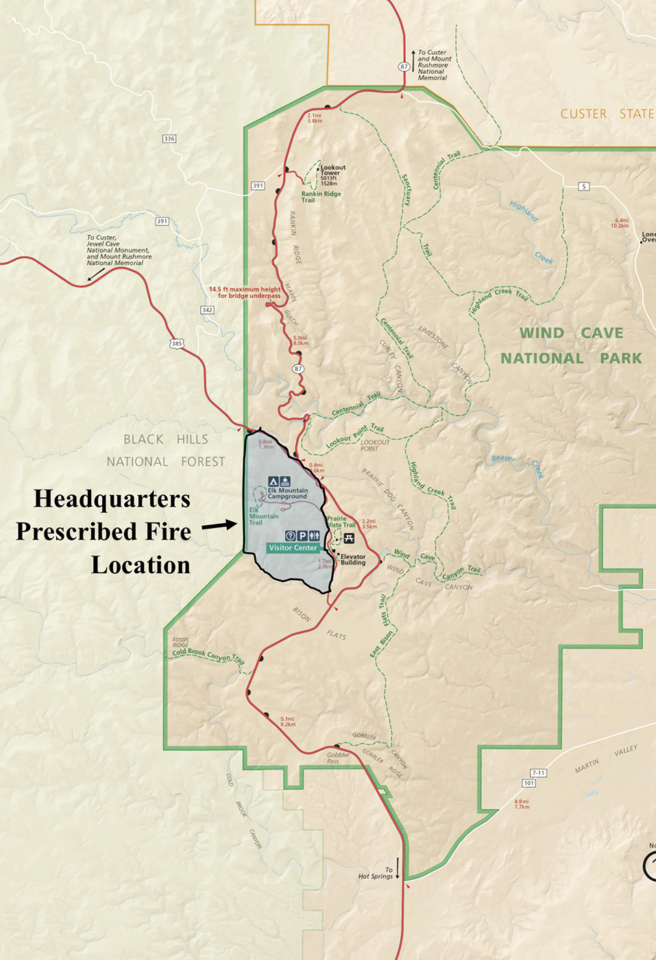 Map of western half of Wind Cave National Park. Park land is a light brown with roads in red. Land outside the park is a light green. In blue is the area inside the park scheduled to be burned. Map of western half of Wind Cave National Park. Park land is a light brown with roads in red. Land outside the park is a light green. In blue is the area inside the park scheduled to be burned.