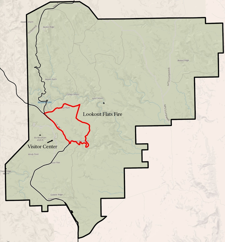 Lookout Flats Fire Map of Wind Cave National Park with a green background showing area of the proposed fire outlined in red.