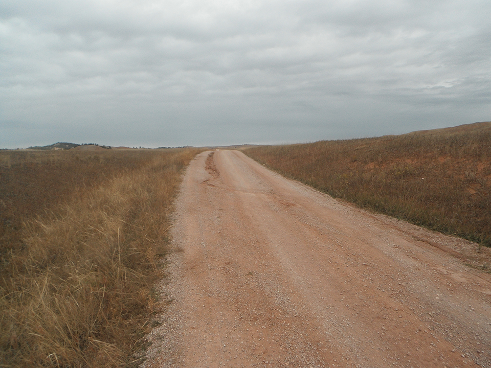 In the center of the photo is a gravel road extending upward toward the middle of the photo. On either side of the road is brown grass under a grey overcast sky.