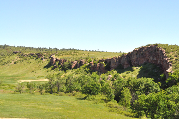 Photo showing a cliff (the buffalo jump) overlooking green trees and grass along a drainage.