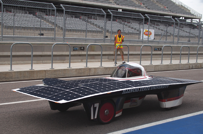 A solar powered car on a race track.