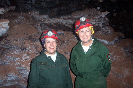 Superintendent Linda Stoll (left) and Director of the National Park Service Fran Mainella on the Wild Cave Tour in Wind Cave National Park.