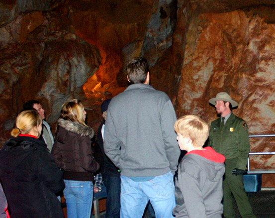 Tour listening to a ranger in Jewel Cave's Target Room.