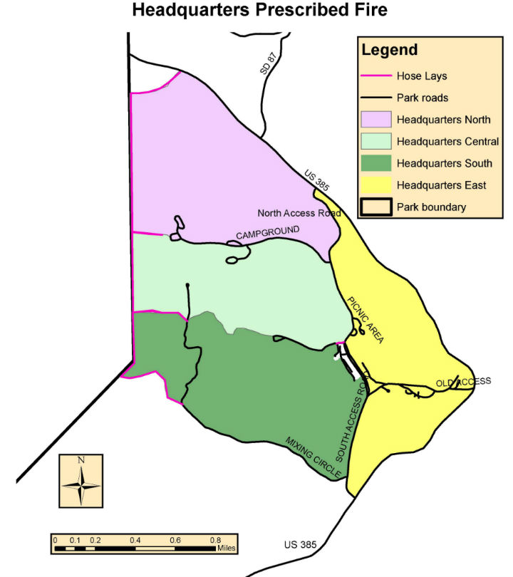 Map with 4 different colored areas showing areas to be burned around the Wind Cave National Park Visitor Center.