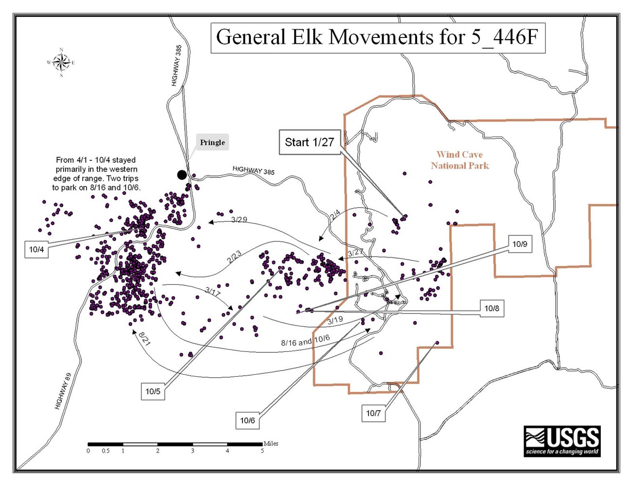 Map showing the movements of an elk collared in 2005.
