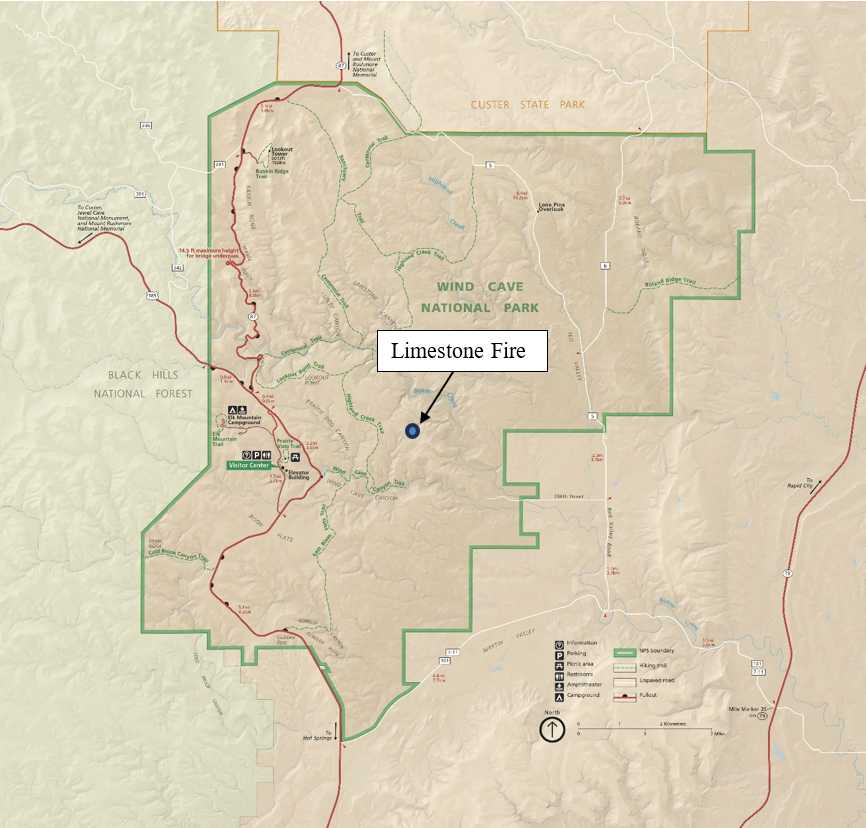 Limestone Fire Map of Wind Cave National Park with a blue circle and black arrow pointing to location of the fire.