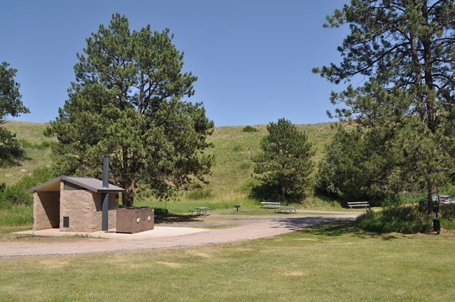 Picnic area with numerous picnic tables in the right center and a vault toilet on the left.