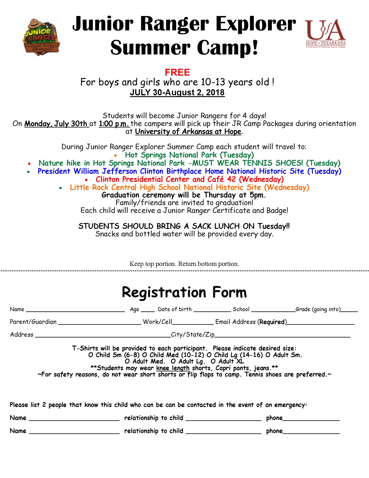 2018 Jr Ranger Camp Registration Form