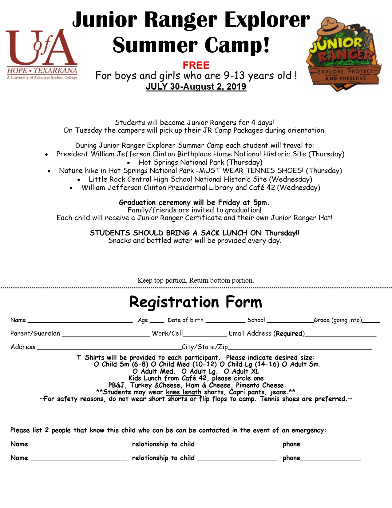 JR Summer Explorer Summer Camp Registration Form2 2019 Jr. Ranger Camp Registration