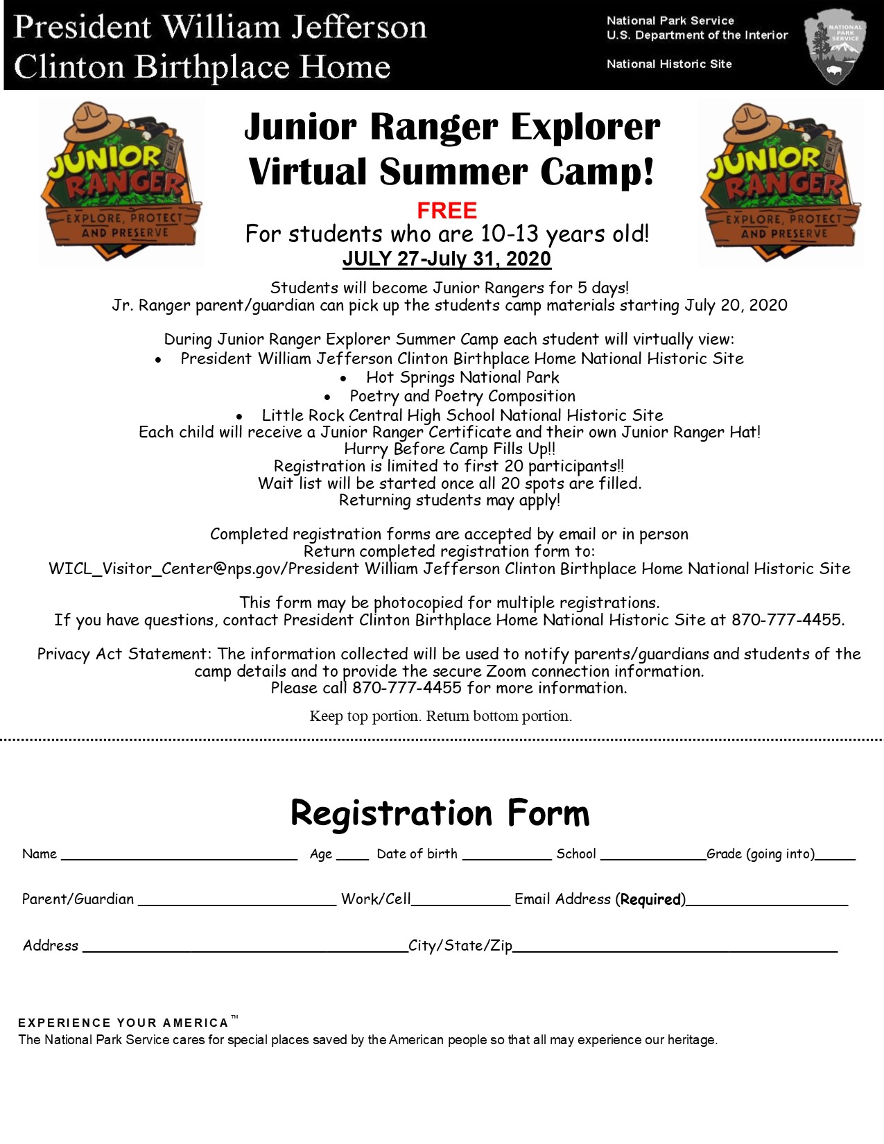 2020 JR Summer Explorer Summer Camp Registration Form 2020 Jr. Ranger Camp Registration Form