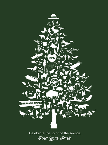 The shape of a tree comprised of many sights and symbols found in national parks.
