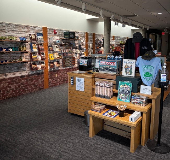 gift shop with various books, games, and collectibles from Wilson's Creek National Battlefield