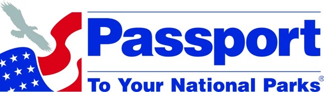 Illustration of eagle flying with American flag blowing in wind. "Passport to your national parks" in blue letters.