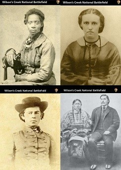 Historic photos show an African American woman, a teenage girl, a young soldier, and a Native American man and woman