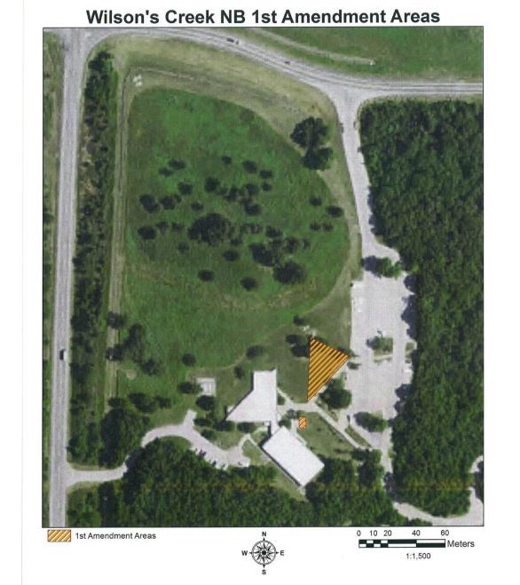 Map shows areas near the Wilson's Creek National Battlefield Visitor Center where 1st Amendment activities are allowed.