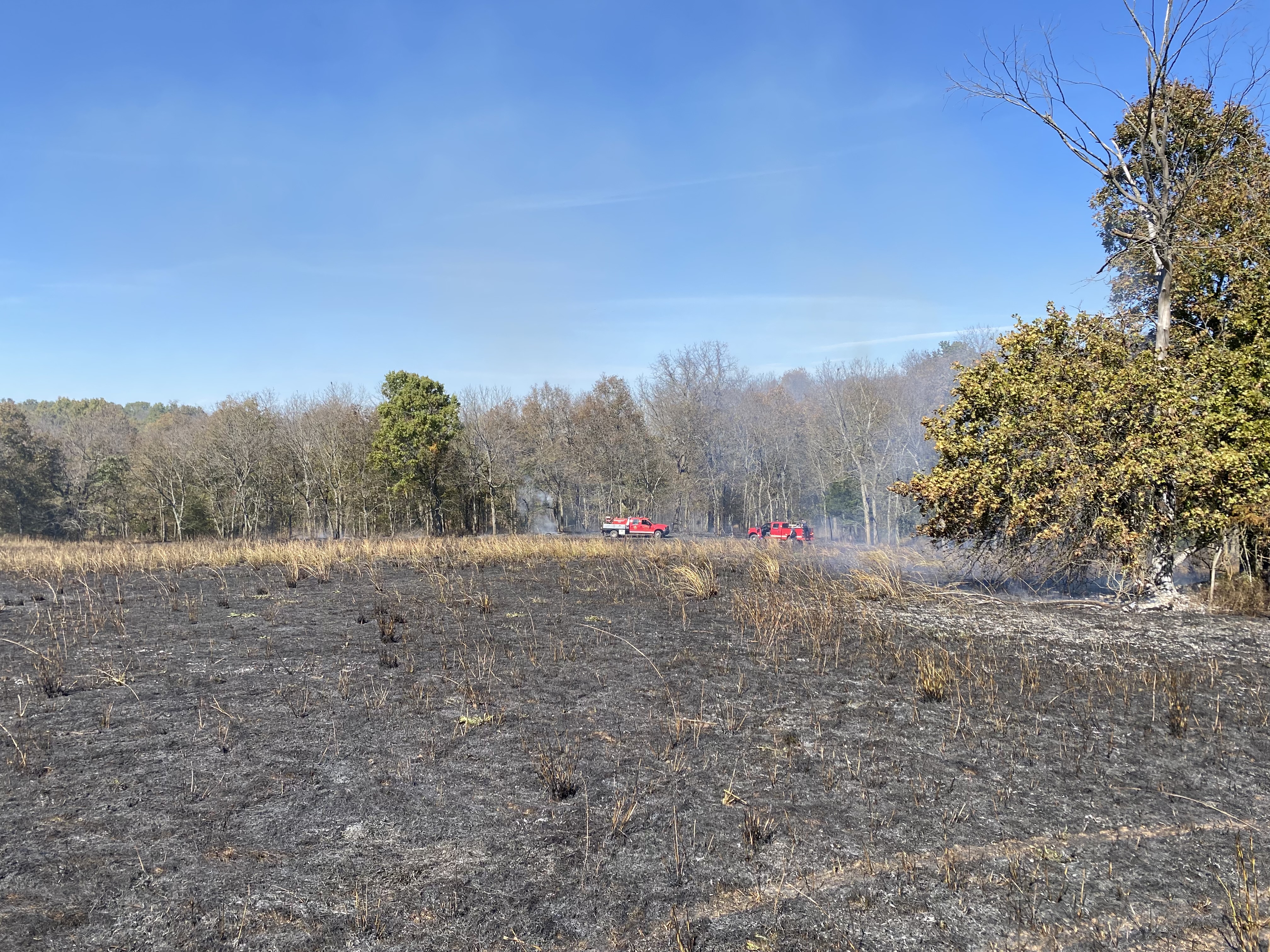 Wilson's Creek Grass Fire October 2024 A charred and brown field with smoke rising in the foreground. Two fire vehicles can be seen in teh distance.