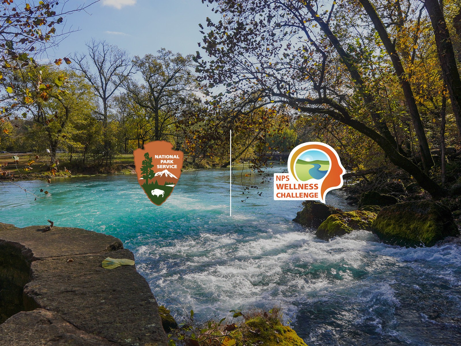 NPS Wellness Hero River running with crystal blue rapid flowing downstream with trees and rocks. NPS and Wellness Challenge logos in the middle of the picture