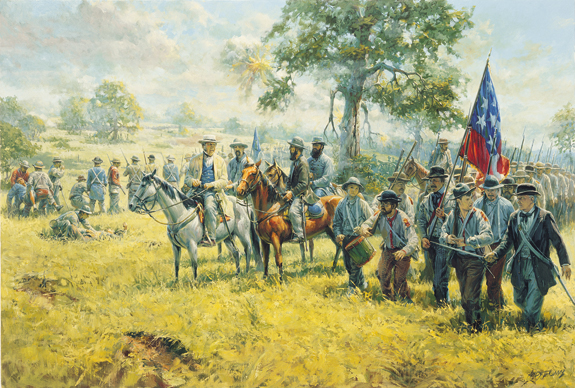 Soldiers on horseback and marching with a flag move through a field Soldiers on horseback talk together while a group of soldiers marches with a flag in a field