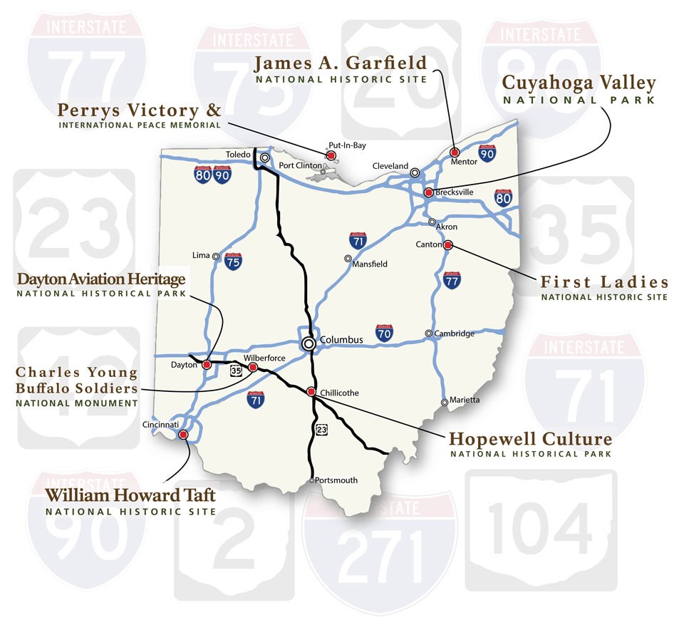 An outline of the map of Ohio with all Ohio NPS park names on it