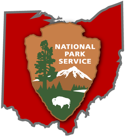 Outline of state of Ohio map and NPS arrowhead logo on top