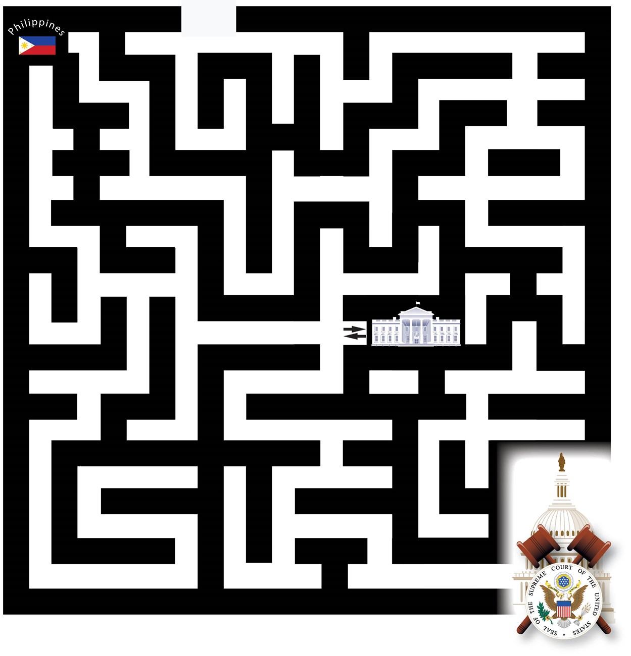 A maze puzzle with Philippines in upper left and Supreme Court logo on lower right