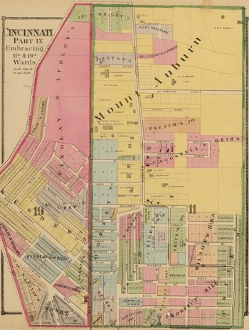 Colorized map of northern Cincinnati area