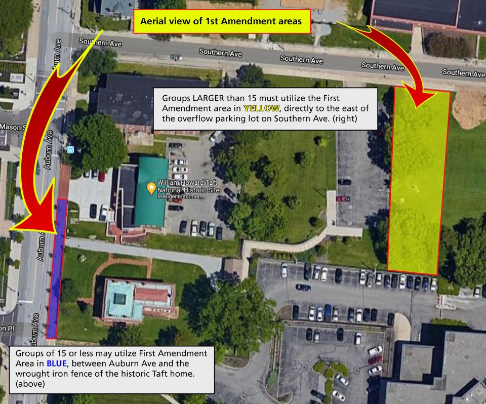 An aerial view of park grounds showing First Amendment areas in blue and yellow with arrows pointing to each spot