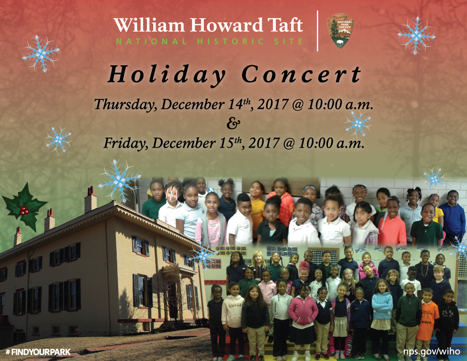 Holiday Concert Poster A large house on lower left next to photos of school kids on right
