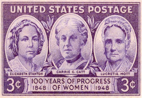 Postage Stamp with Elizabeth Cady Stanton, Carrie Chapman Catt, and Lucretia Mott. Issued in Seneca Falls, 1948.