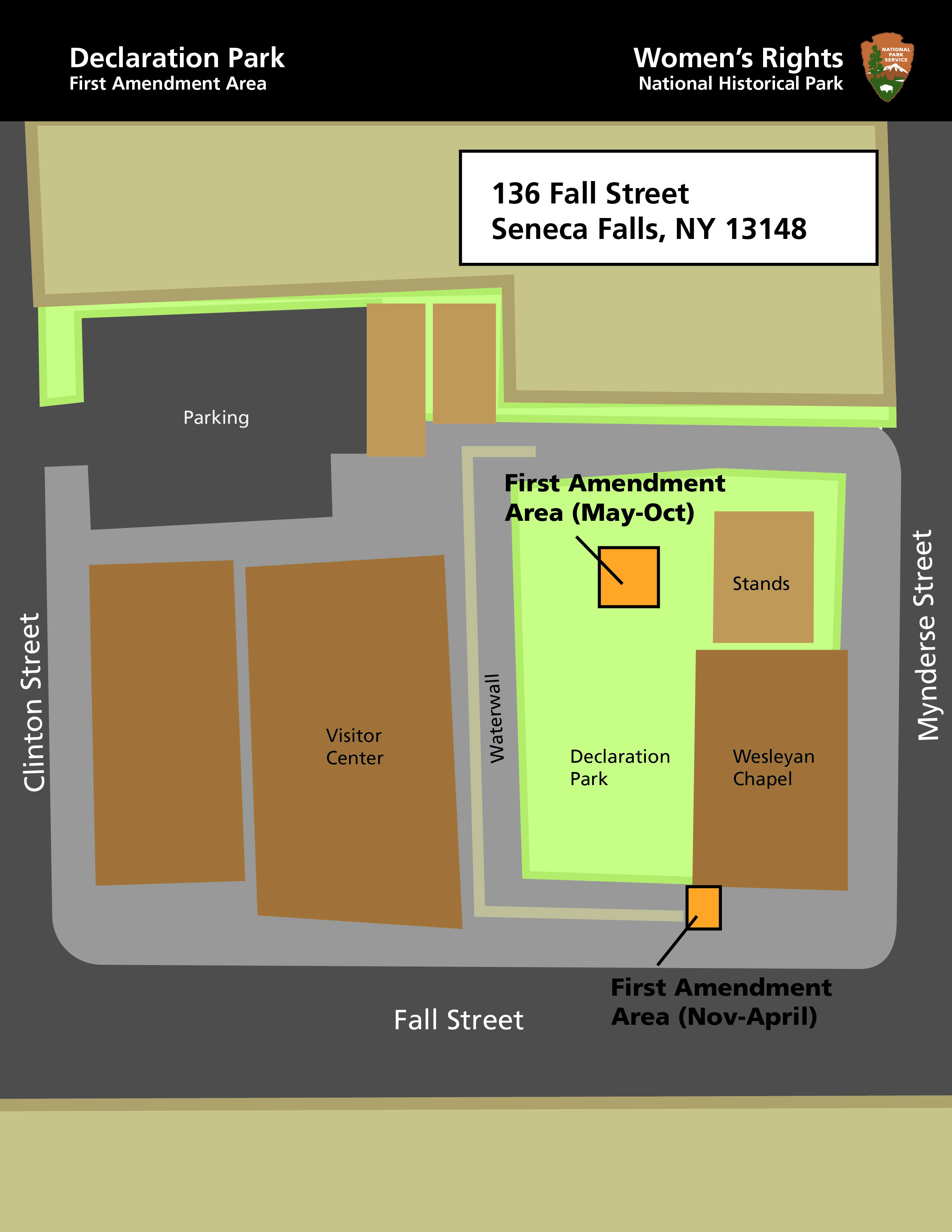 A map showing the "Chapel Block" of 136 Fall Street, Seneca Falls, with First Amendment Areas labeled.