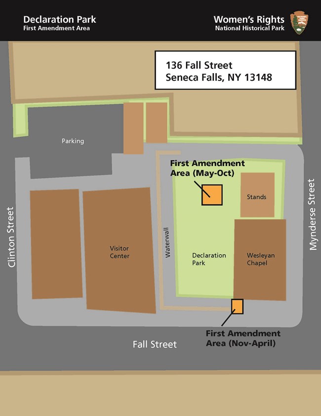 Aerial image of the grounds around the Wesleyan Chapel, Delclaration Park, and the Visiitor Center.