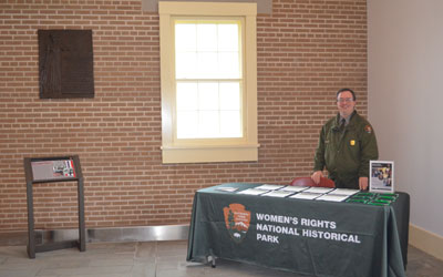 Ranger John provides volunteer information in the Wesleyan Chapel.