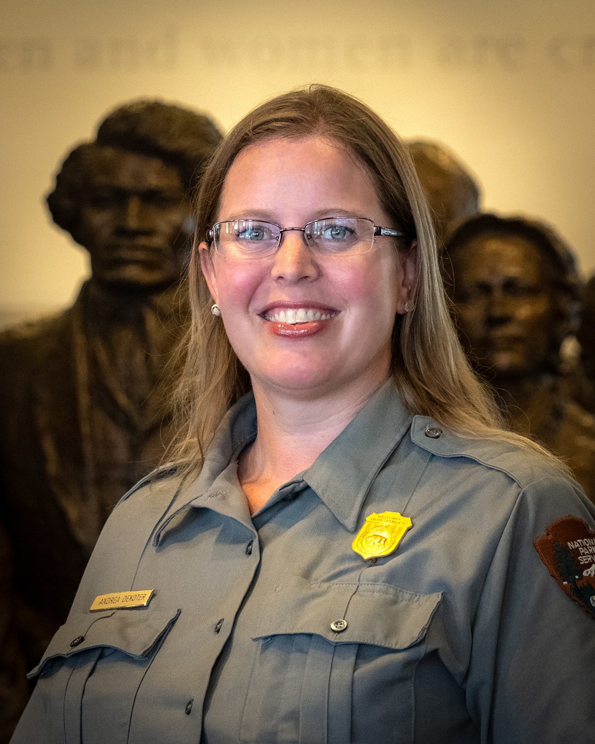 Andrea DeKoter, new acting superintendent for Woman's Rights National Historical Park. A woman in a National Park Service uniform