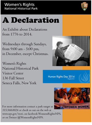 miniposter for exhibit with Eleanor Roosevelt, Human Rights Day Banner, and women holding a sign "Empower Women"