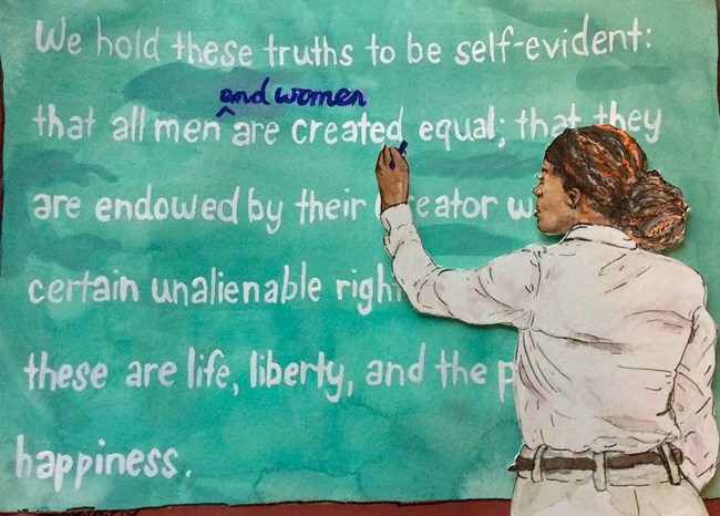 Painting of a young teacher adding "and women" to the Declaration of Independence Painting of a young teacher adding "and women" to the Declaration of Independence