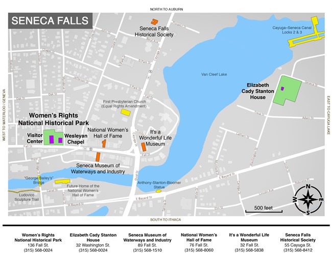 Map of Seneca Falls showing locations at Women's Rights National Historical Park and Seneca Falls