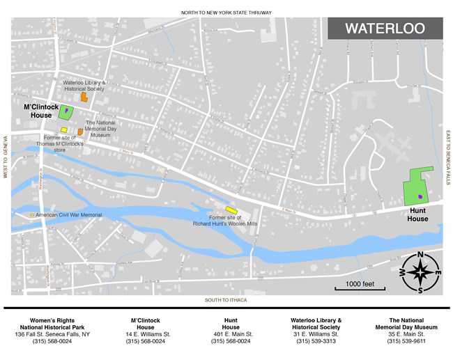 Map of Waterloo showing locations at Women's Rights National Historical Park and Waterloo