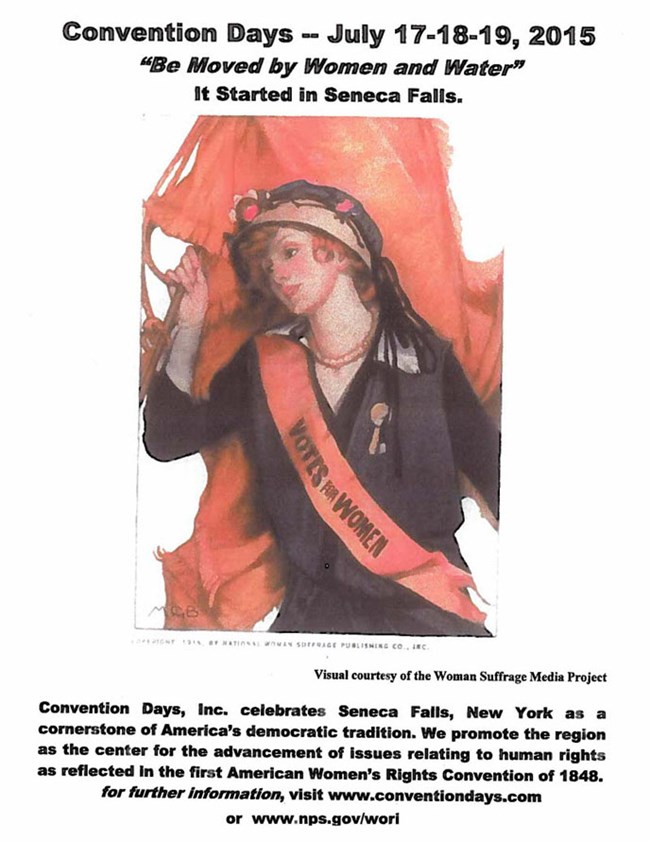 Poster for Convention Days 2015 including a suffragette wearing a "Votes for Women" sash Poster for Convention Days 2015 including a suffragette wearing a "Votes for Women" sash