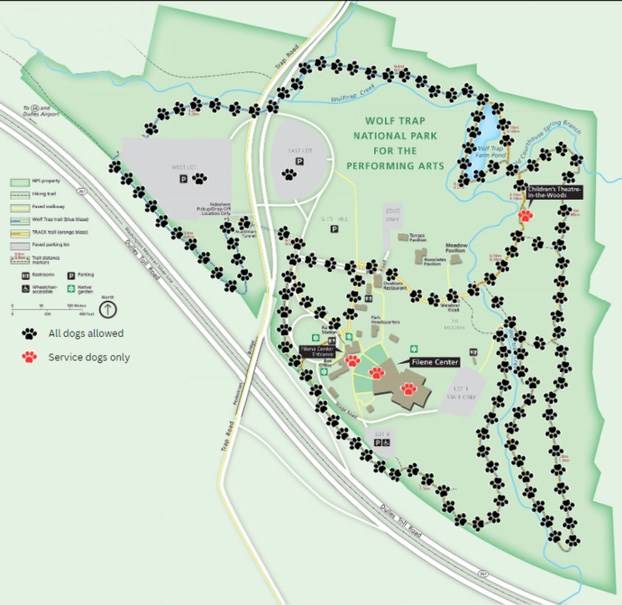 Map of Wolf Trap with black paw prints on trails and pathways that dogs are allowed and red paw prints on Filene Center and Theatre-in-the-Woods where dogs are not allowed.